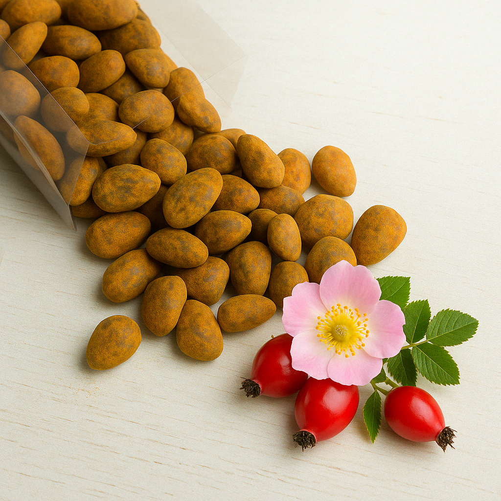MANDORLA RICOPERTA - CIOCCOLATO E ROSA CANINA - 80g