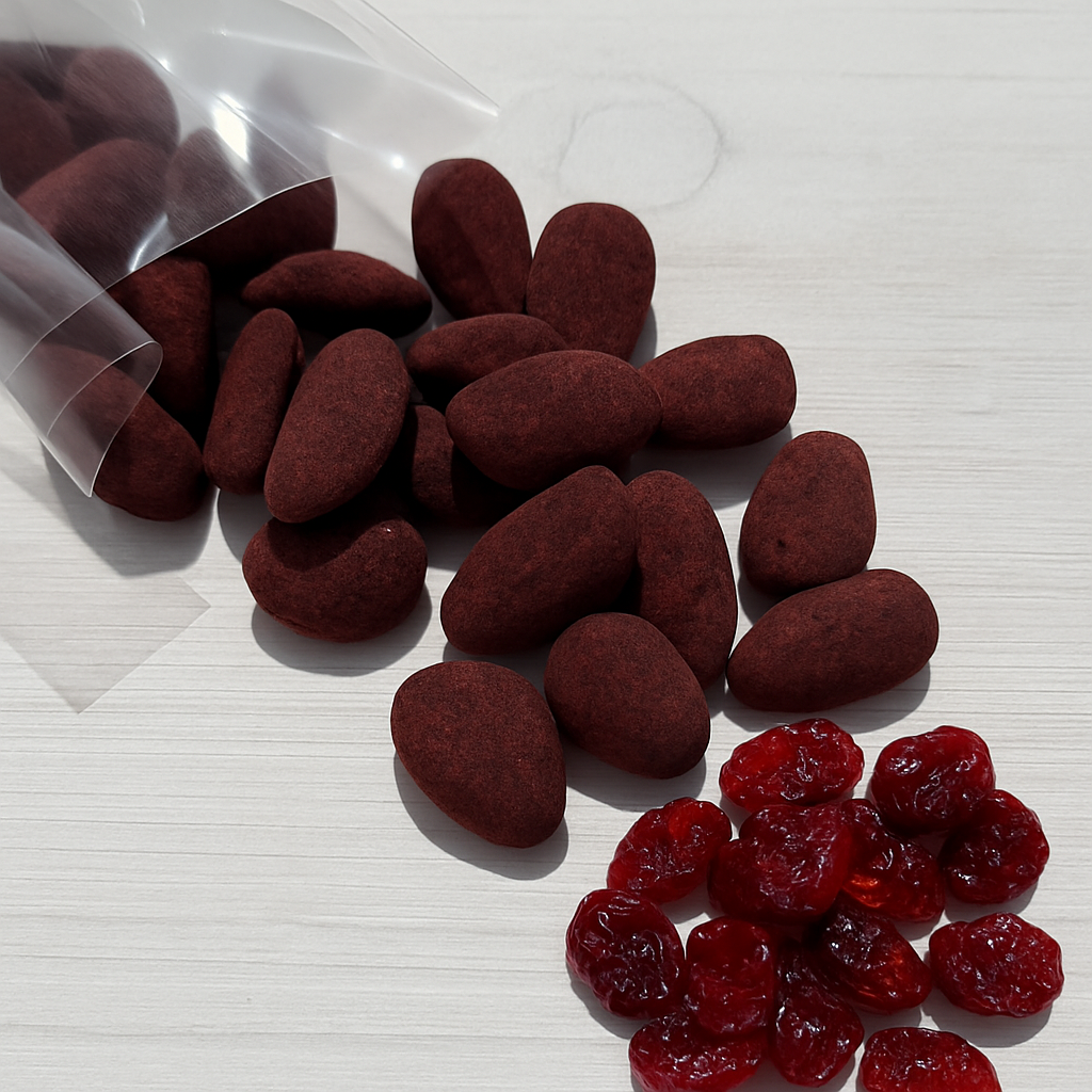 MANDORLA RICOPERTA - CIOCCOLATO E MIRTILLI ROSSI - 80g