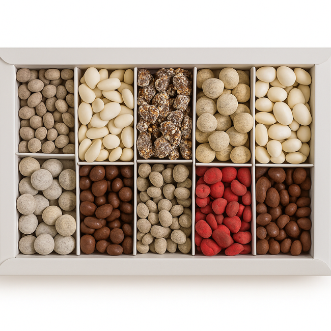 ASTUCCIO MANDORLAND - PRALINE E MANDORLINI ASSORITITI (PRALINE RIPIENE AL FONDENTE E MANDORLE RICOPERTE AL FONDENTE)