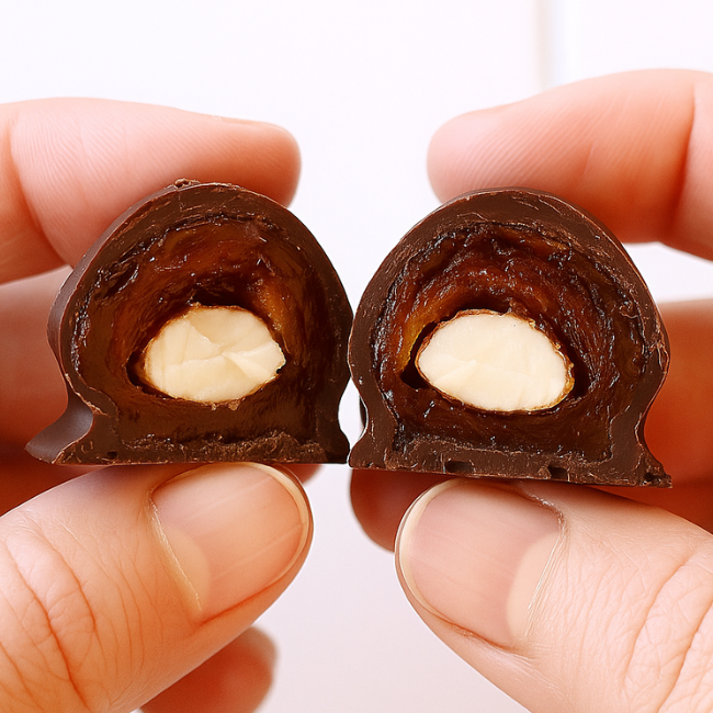 ASTUCCIO  DOLCESANO: DATTERO E MANDORLA - RICOPERTA AL CIOCCOLATO