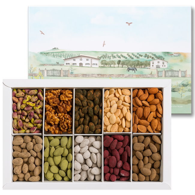 ASTUCCIO DOLCESALATO ASSORTITO DI QUASANO ( FRUTTA SECCA SELEZIONATA E MANDORLE RICOPERTE AL FONDENTE PIU' GUSTI)